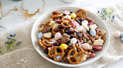 Easter Snack Mix with pretzels, chocolate eggs and more