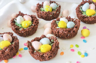 Easter bird nest treats on counter with Easter sprinkles