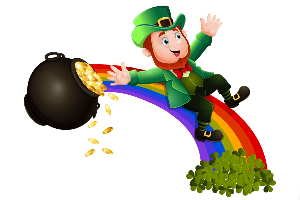 Leprechaun holding gold and sliding down rainbow