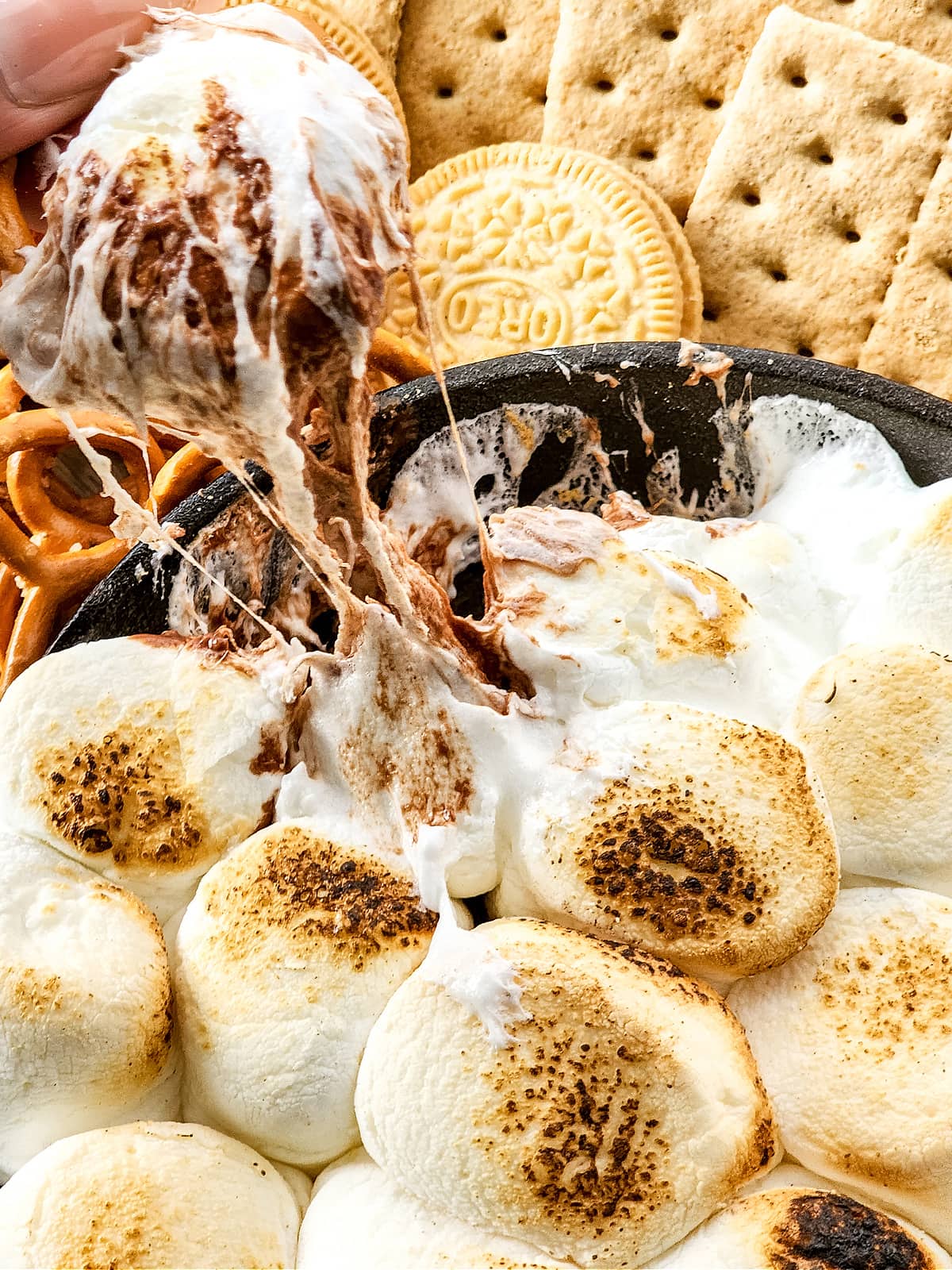 Oreo Cookie dipped into skillet of s'mores dip