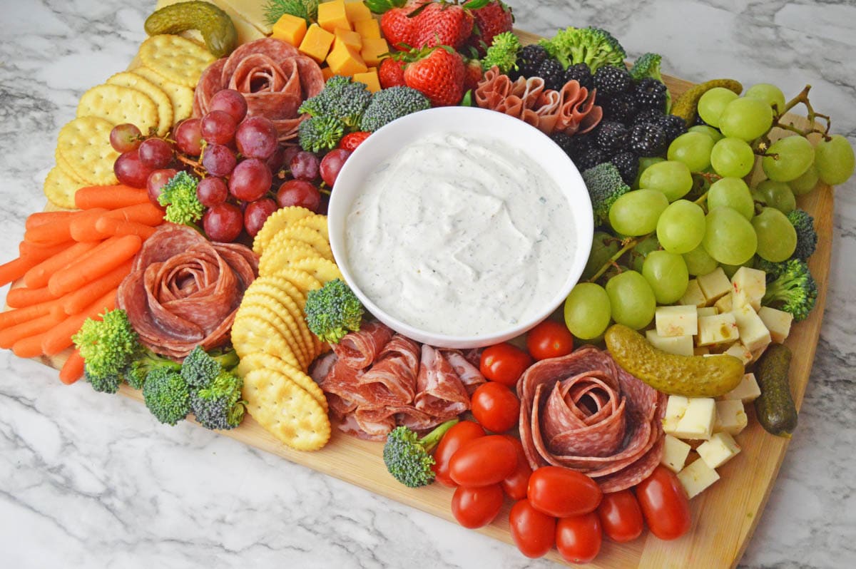 Easter Charcuterie Board with meats, cheeses, fruits and more