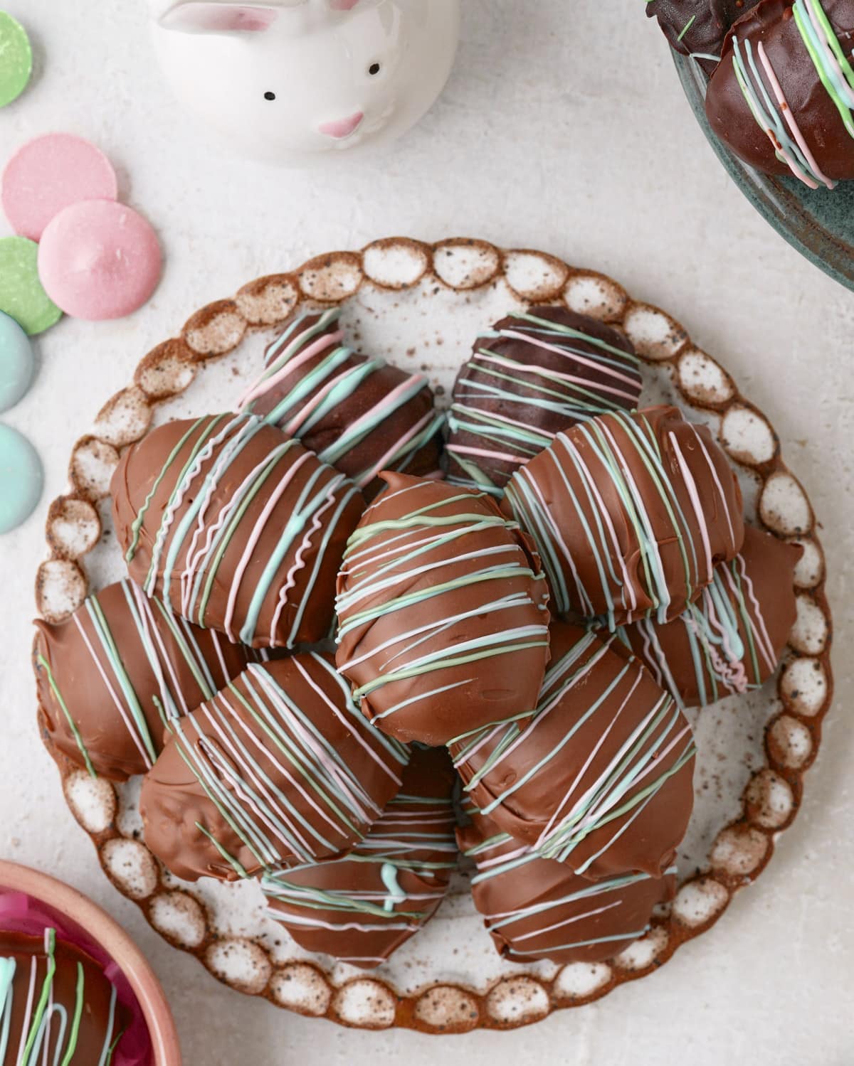 Rice Krispie Easter Egg treats on round plate