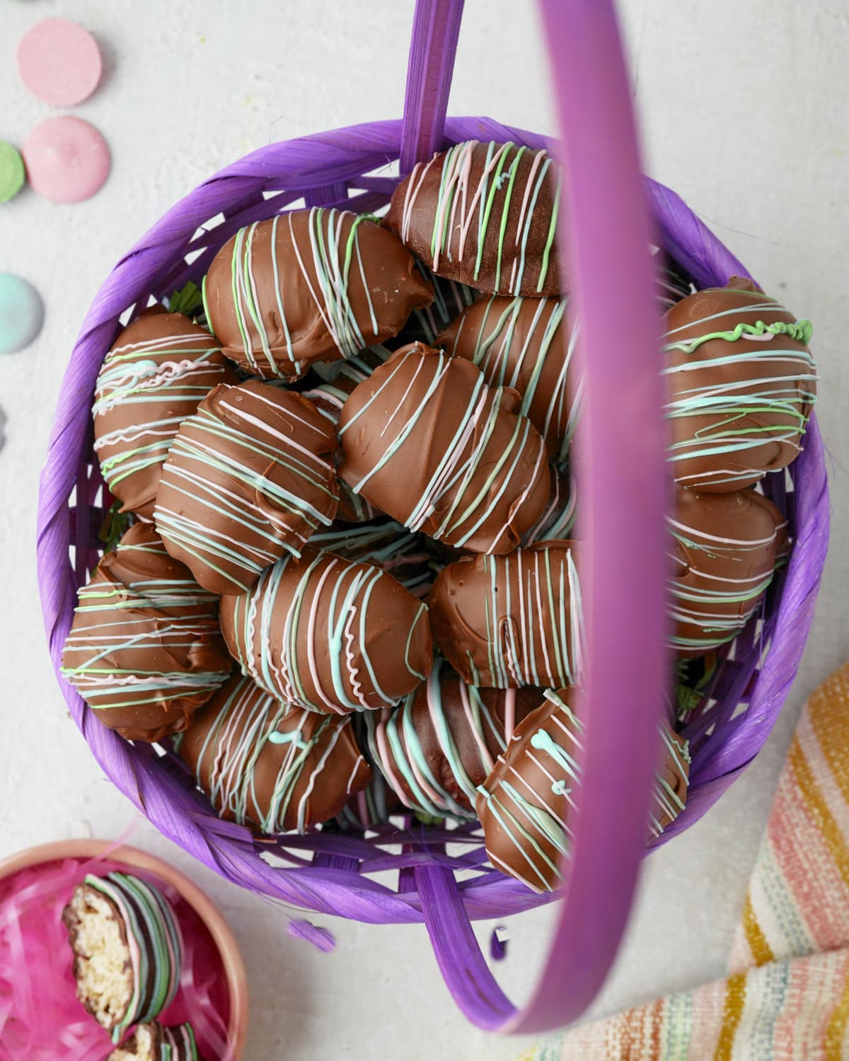 Chocolate Easter eggs in purple basket