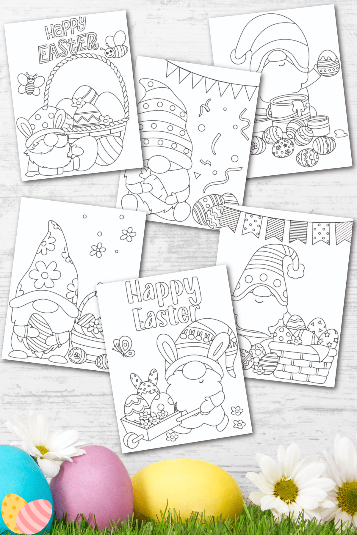 Easter Gnome Coloring Pages with eggs along the bottom
