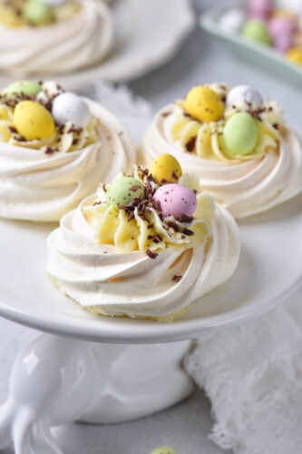 Easter meringues topped with chocolate eggs