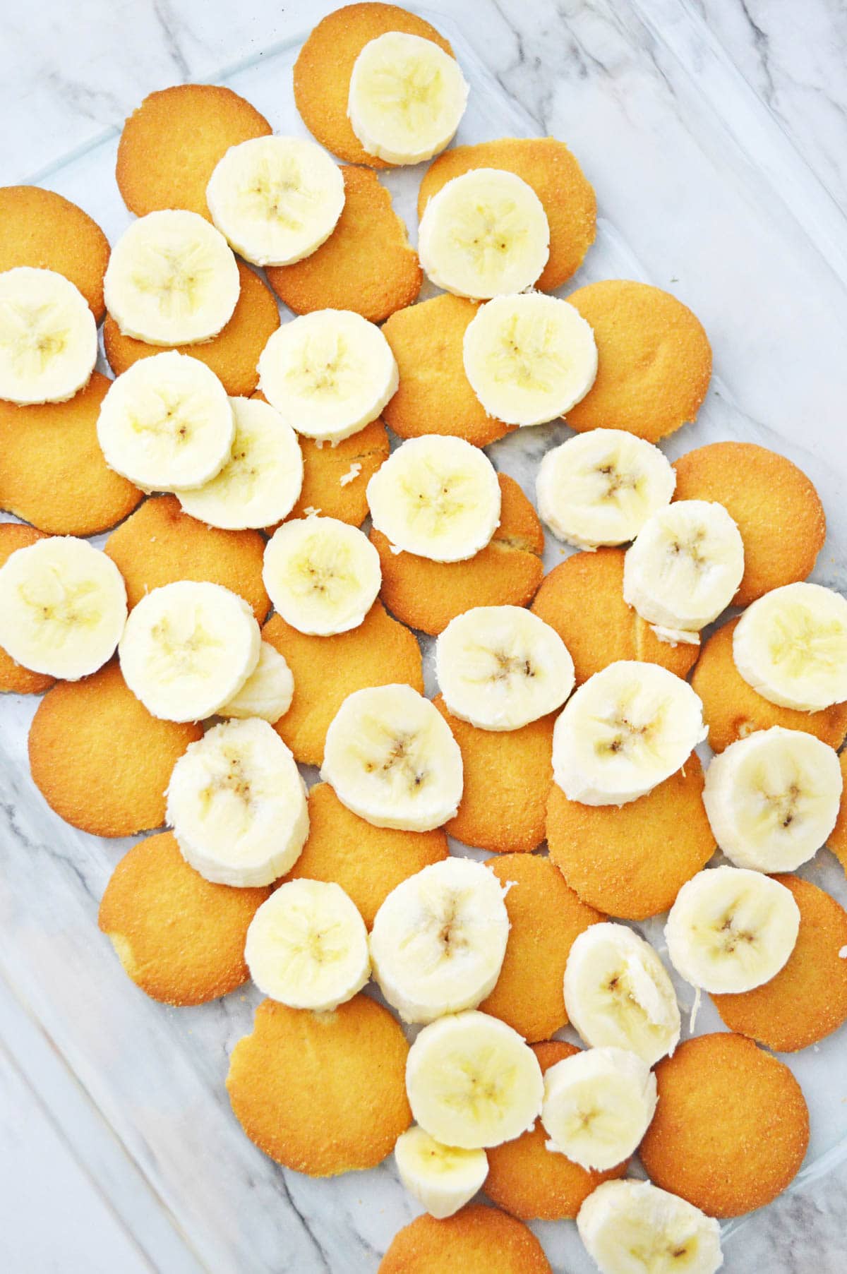 Banana slices on Nilla Wafer cookies in glass pan