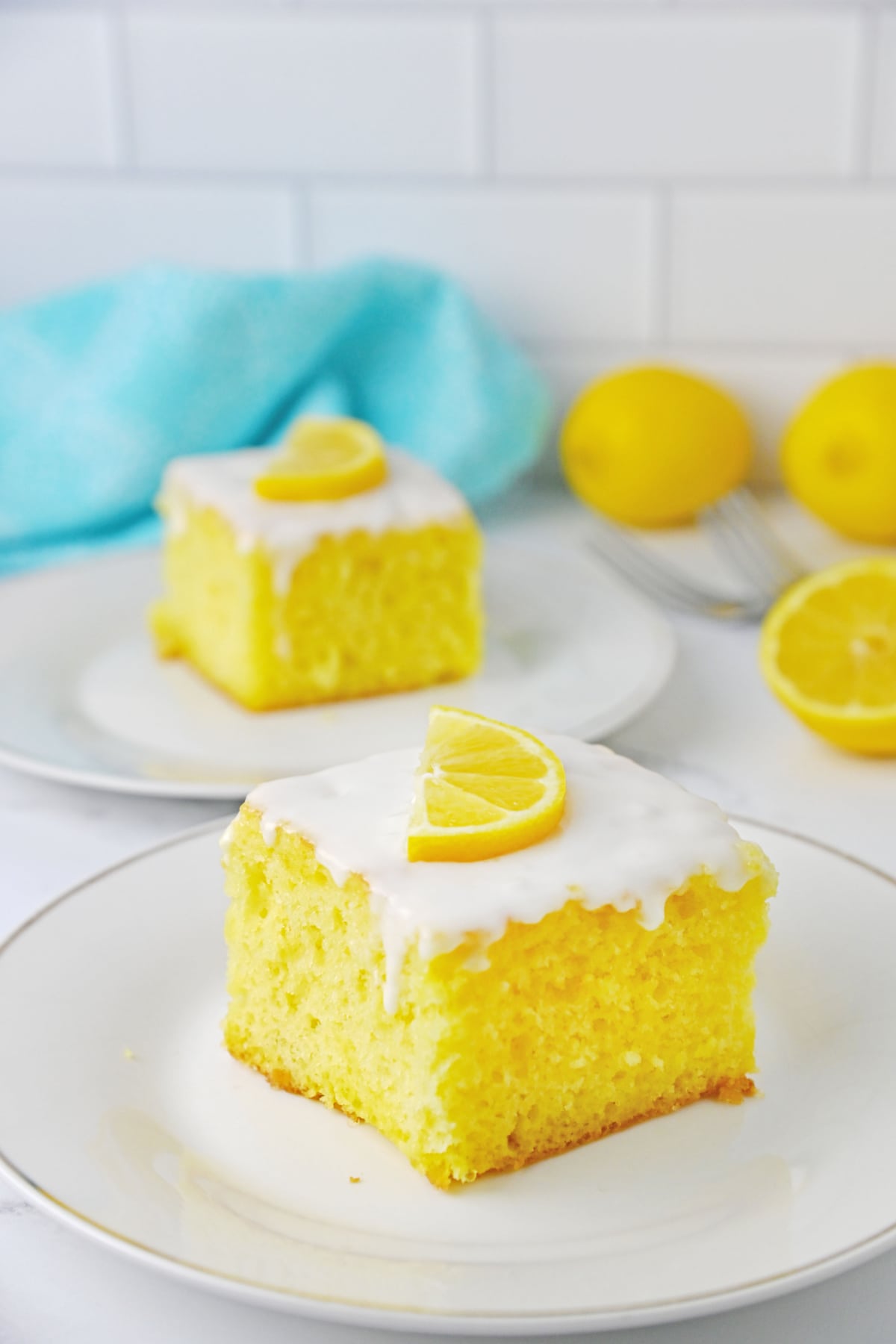 Lemon Jello Cake on white plate