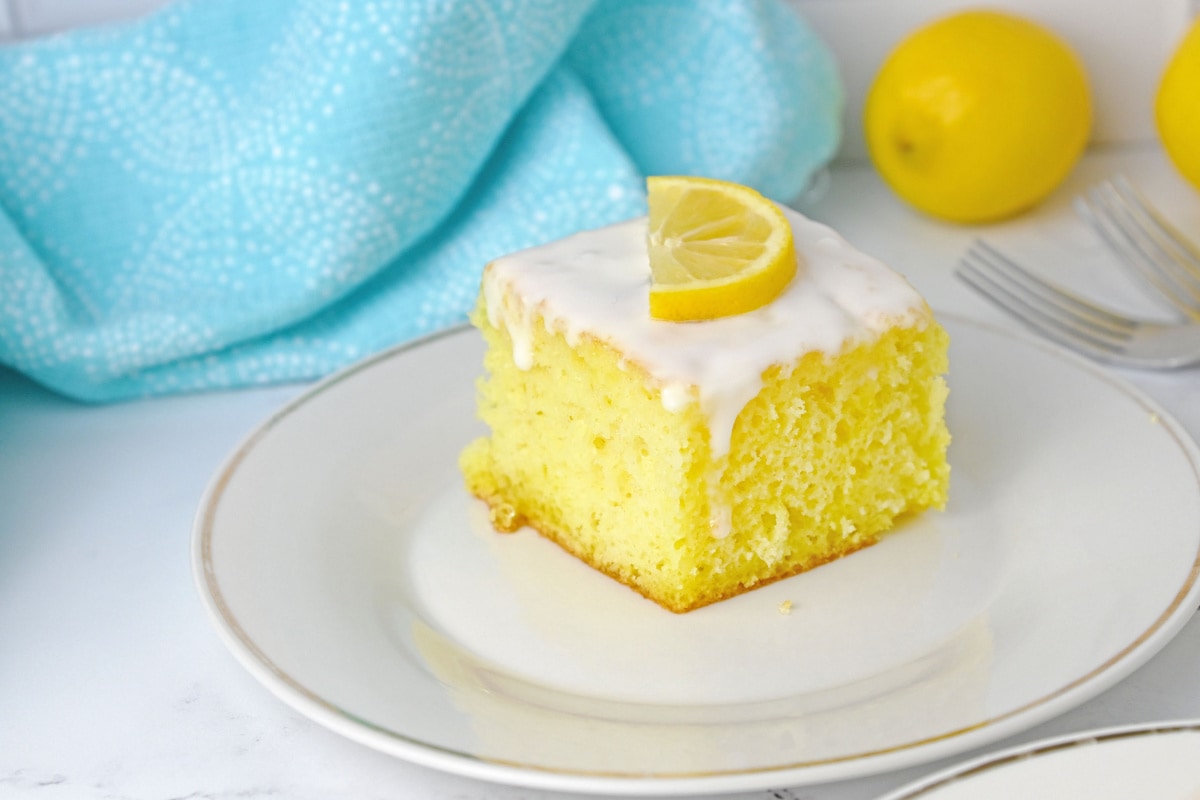 Lemon Jello Cake with blue napkin