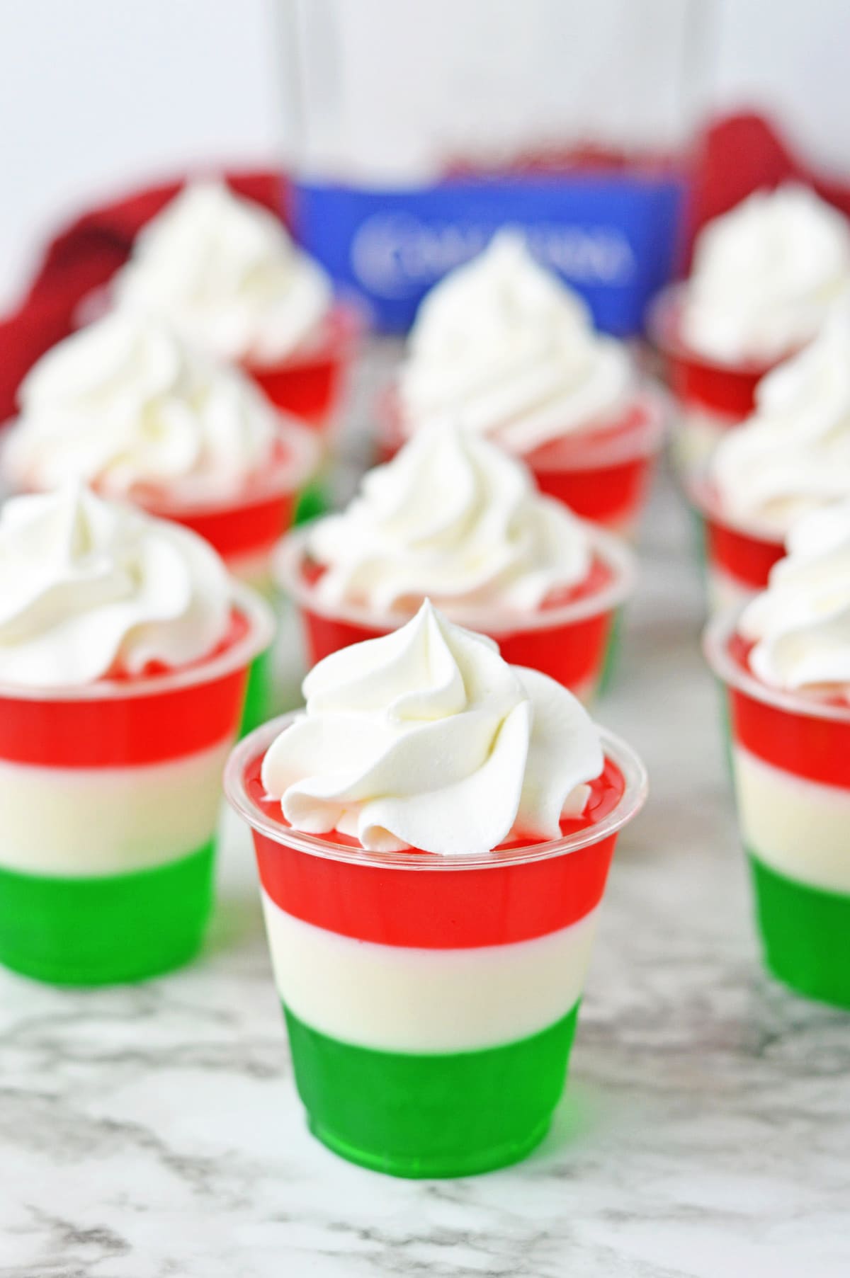 Mexican flag jello shots with whipped cream