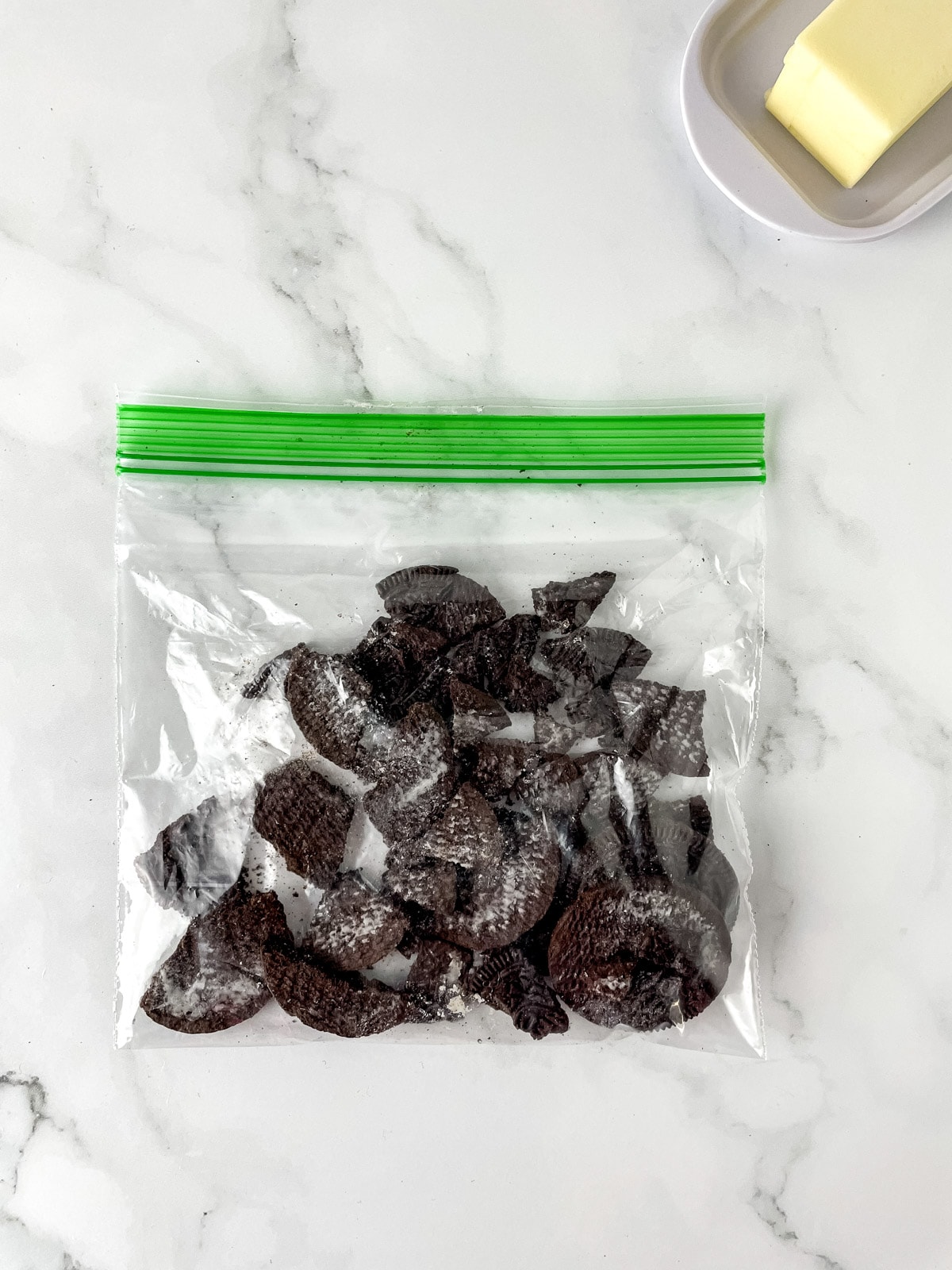Oreo cookies crushed in plastic bag