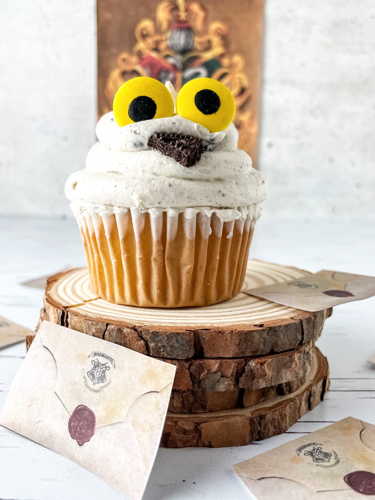 Hedwig Owl Cupcake on stack of wooden circles