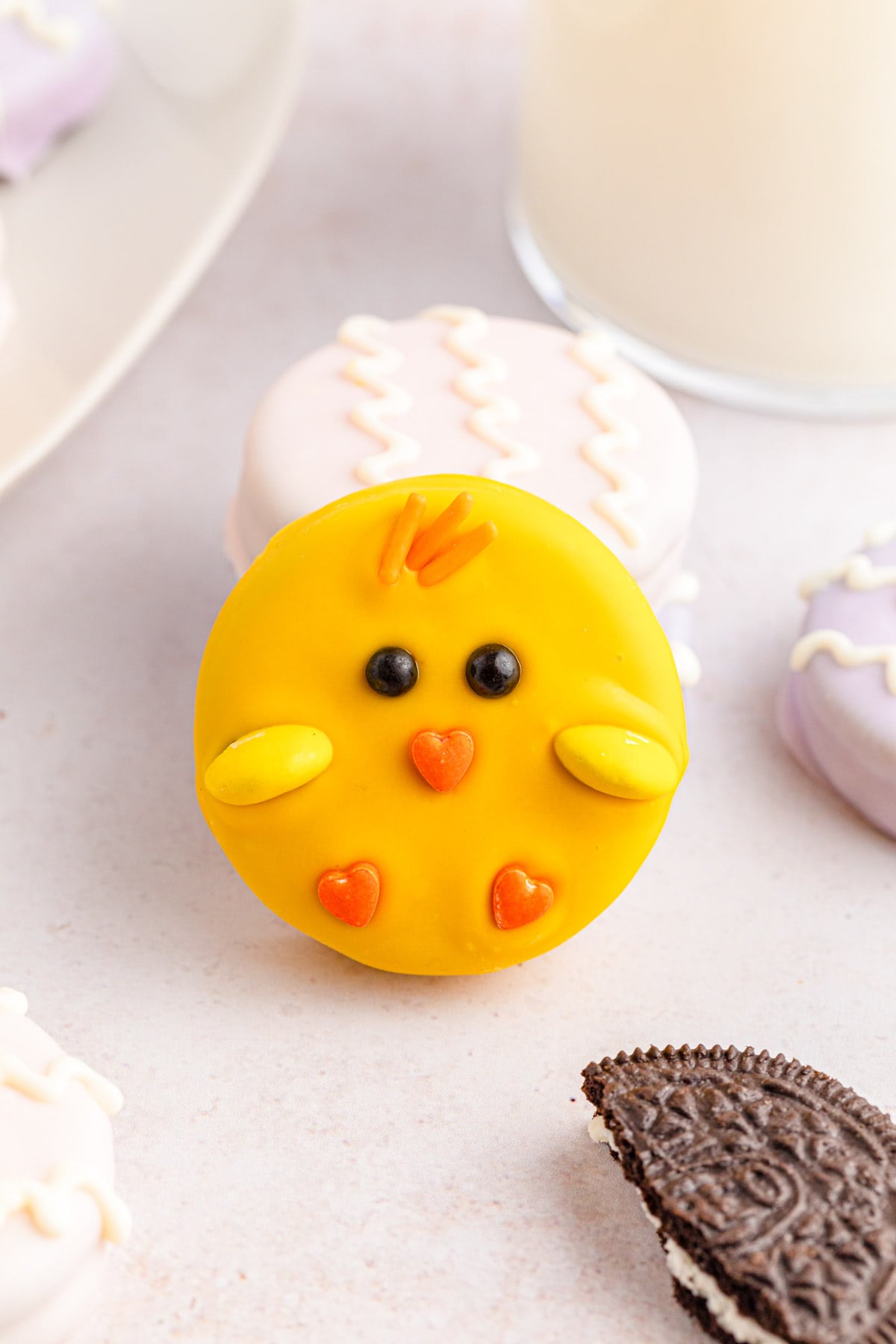 Easter Oreo chick up close with broken Oreo