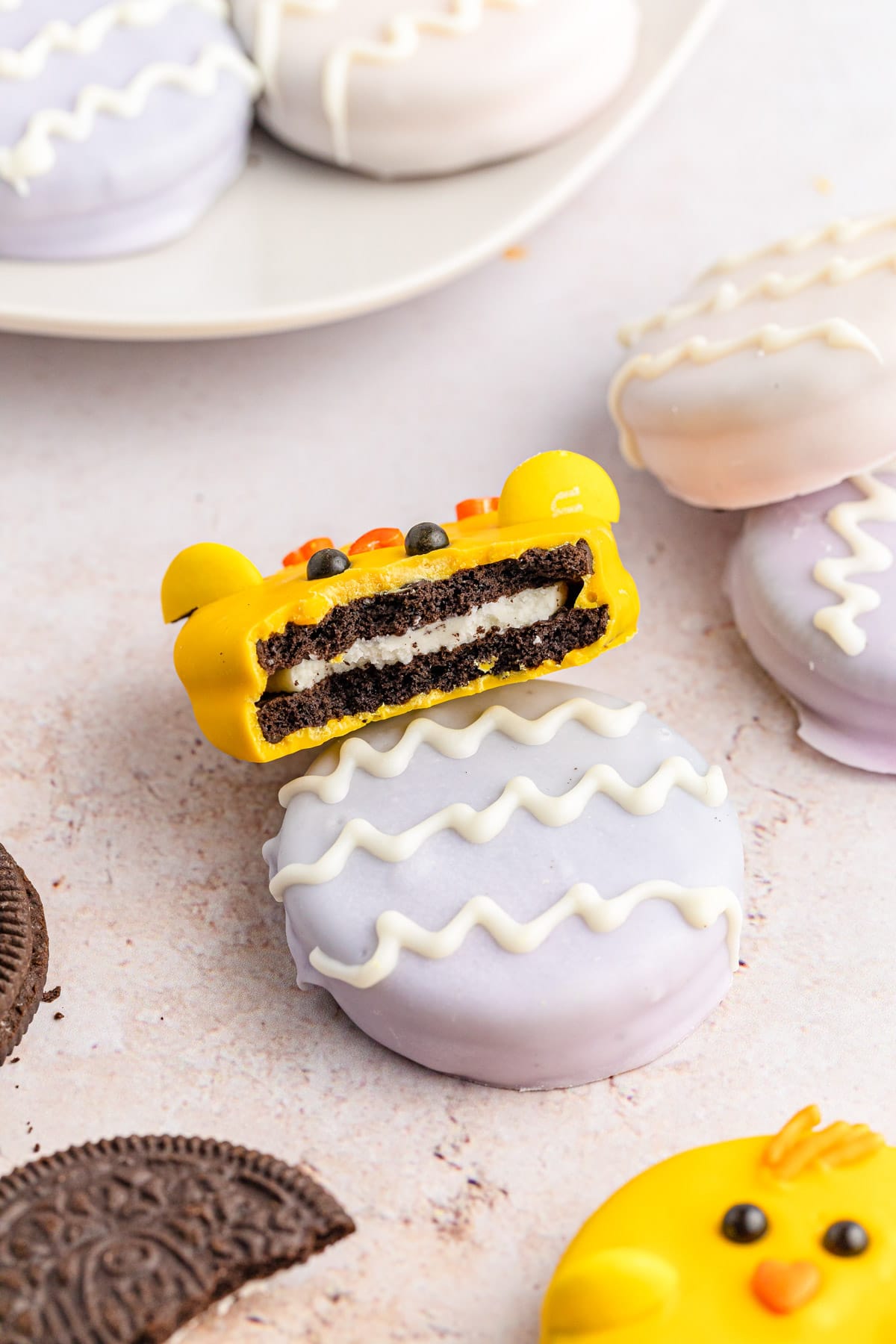 Easter Oreo with a bite taken out of it