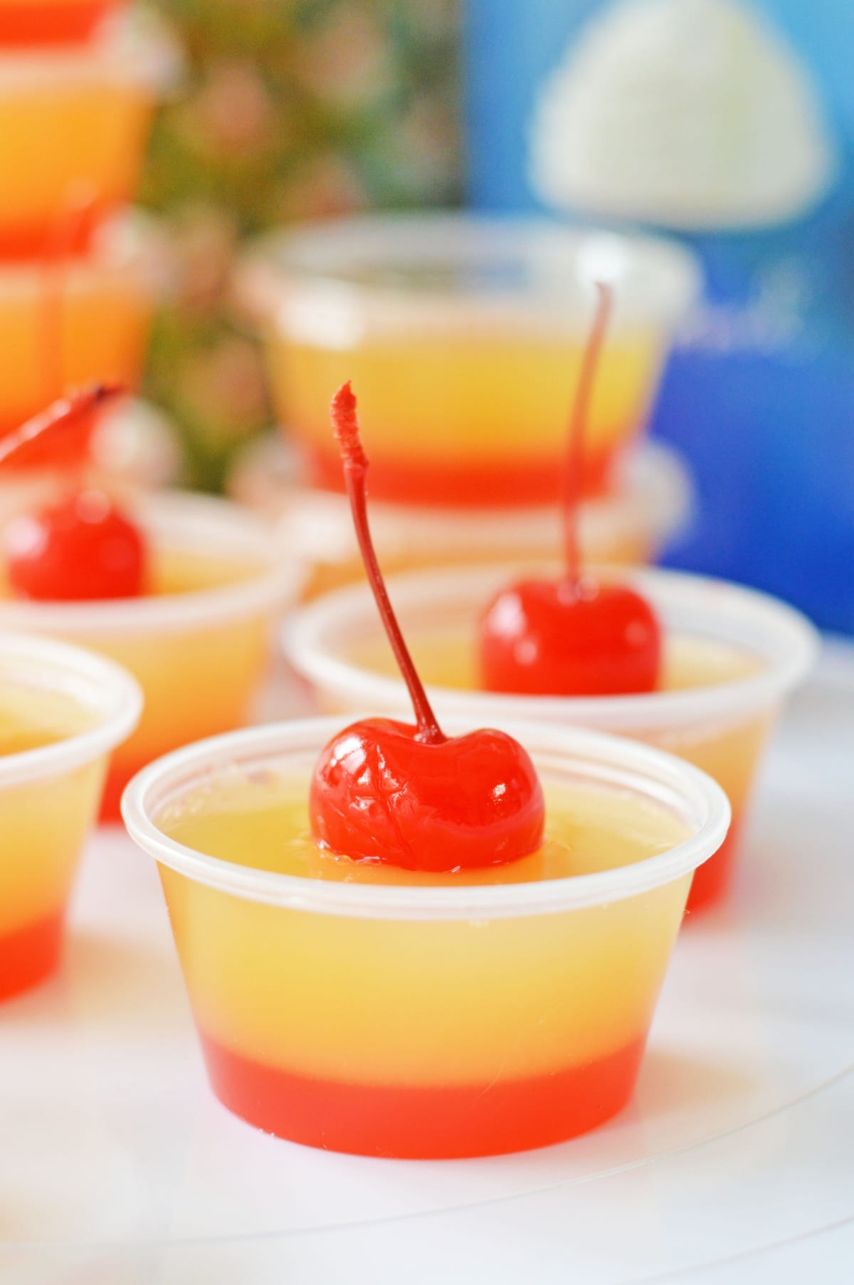 Pineapple upside down cake jello shot with cherry