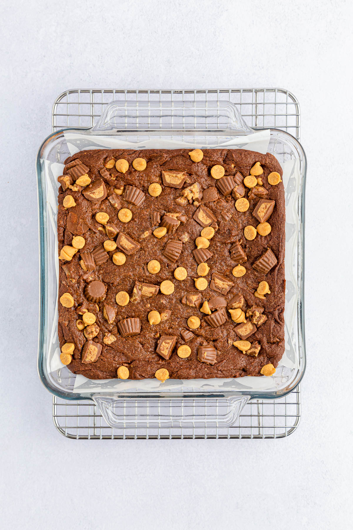 Baked Reese's brownies on cooling rack
