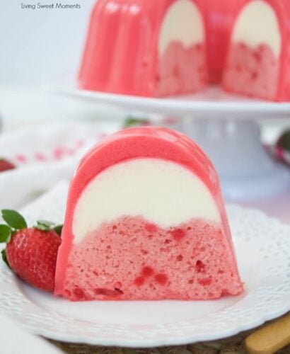 Strawberry Flan Jello Cake on white plate