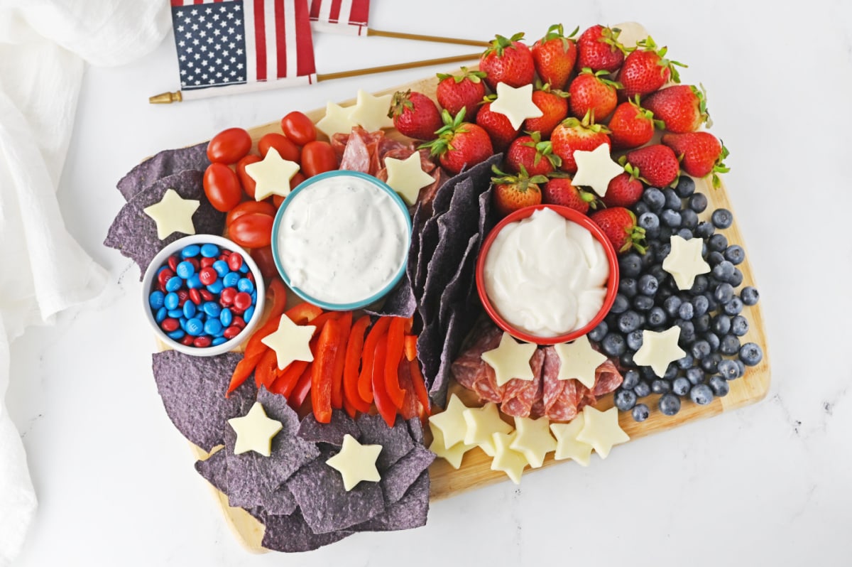 4th Of July Charcuterie Board with red, white and blue foods