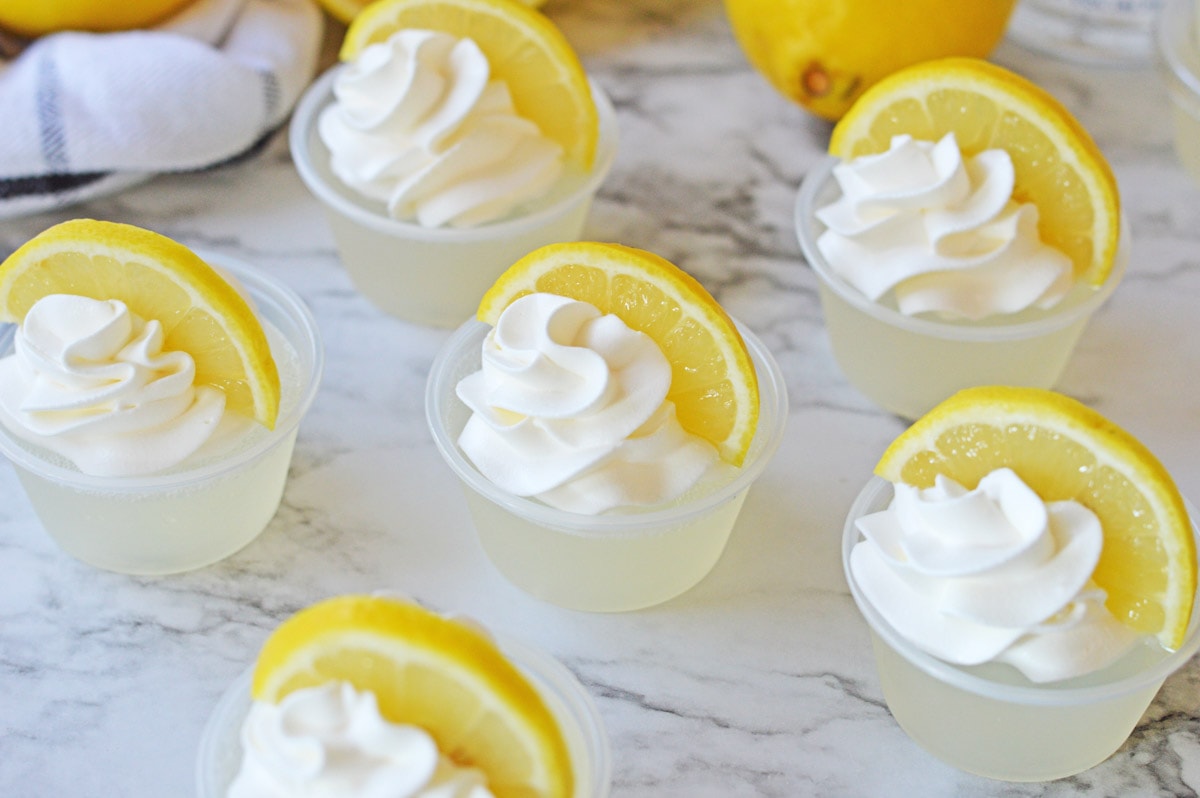 Lemonade jello shots on marble counter