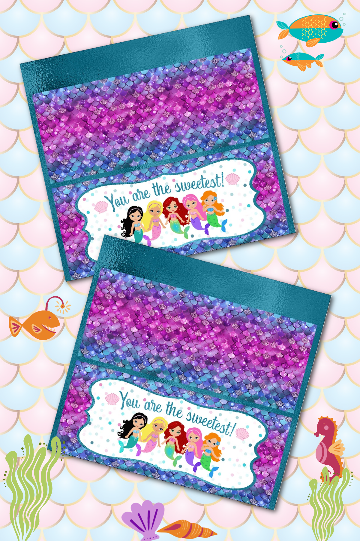 Mermaid Candy Bar Wrapper with ocean graphics