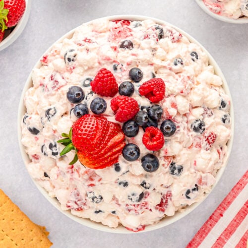 Mixed Berry Cheesecake Fluff Salad recipe card