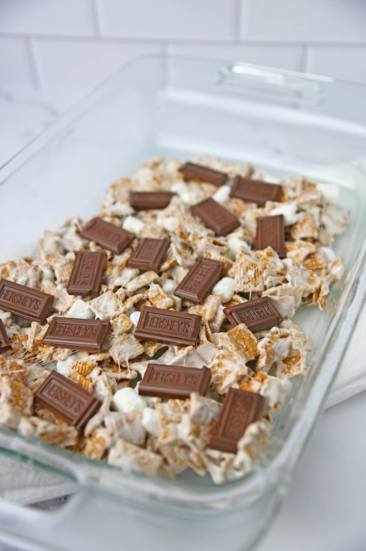 Golden grahams mixture topped with chocolate squares