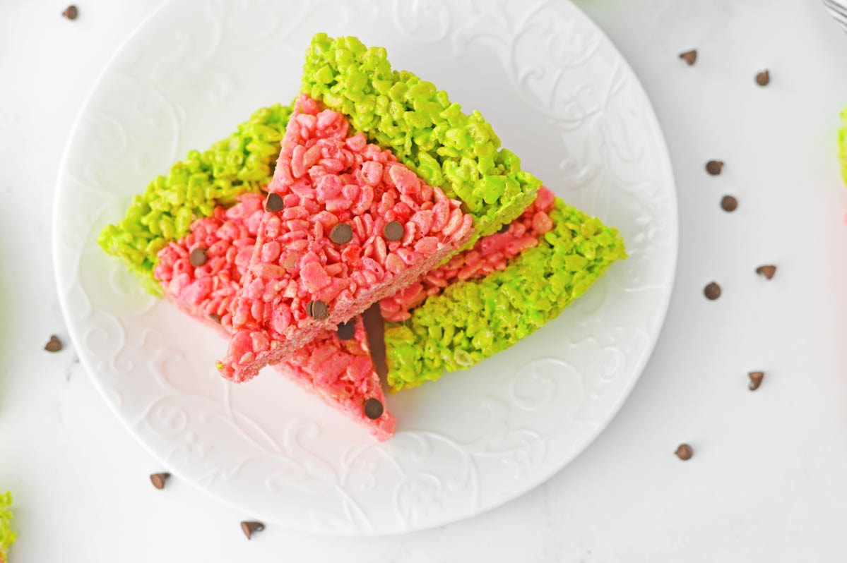 Watermelon rice krispie slices from above