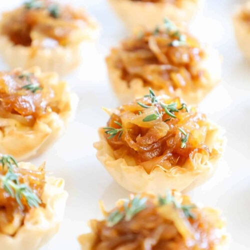 Caramelized onion tartlets in phyllo cups