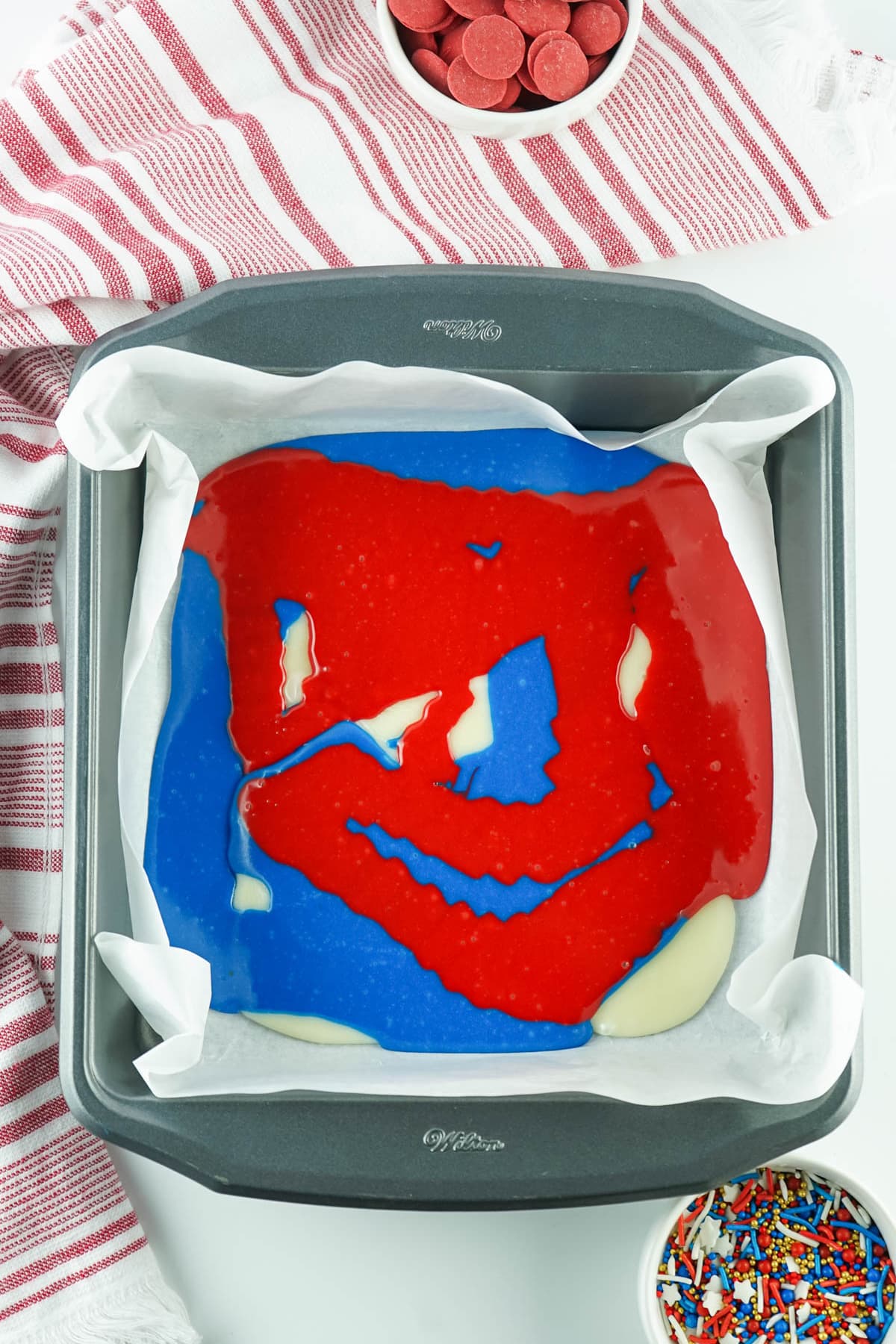 Red, white and blue chocolate in square pan