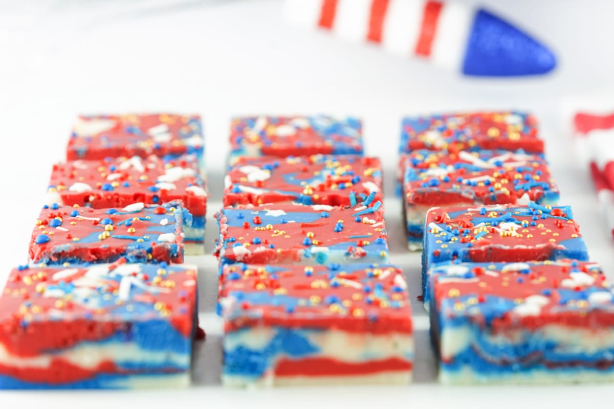 Red white and blue fudge pieces on counter