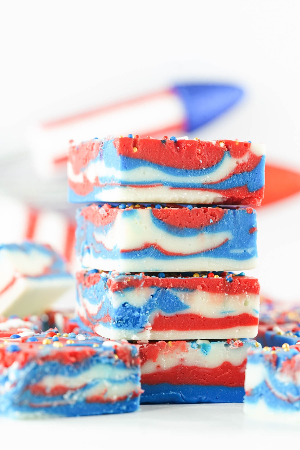 4th Of July fudge stacked with rocket in background
