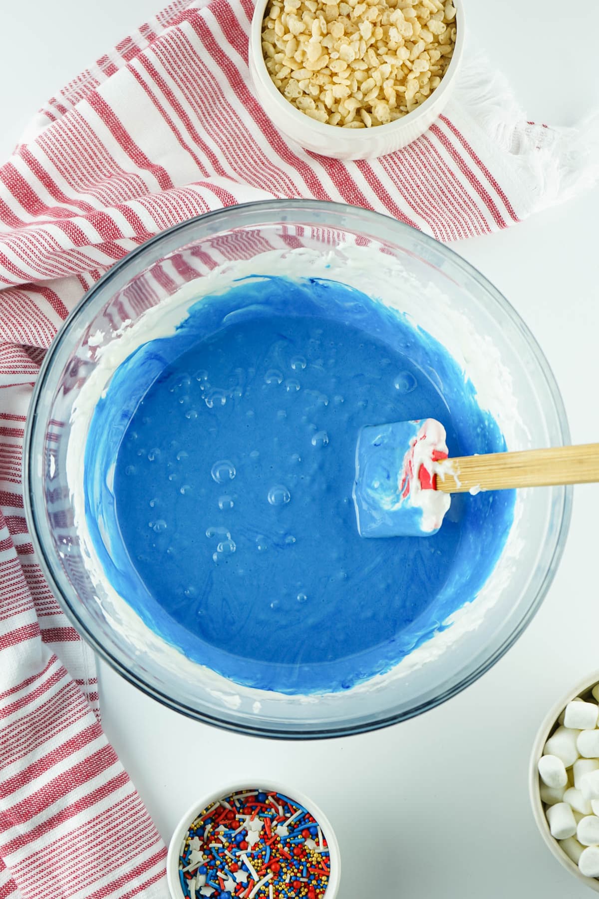 Blue marshmallow mixture for krispie treats