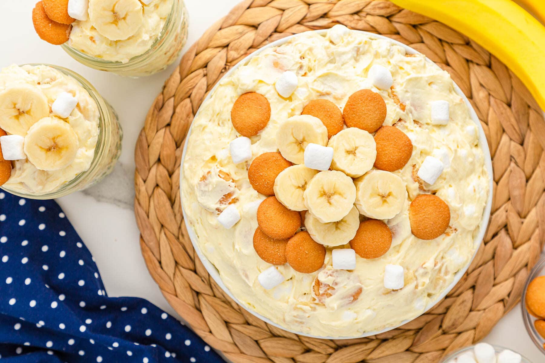 Banana pudding fluff on brown woven placemat