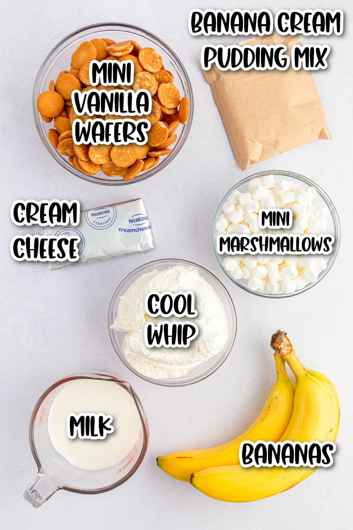 Banana Pudding Fluff Ingredients on white background