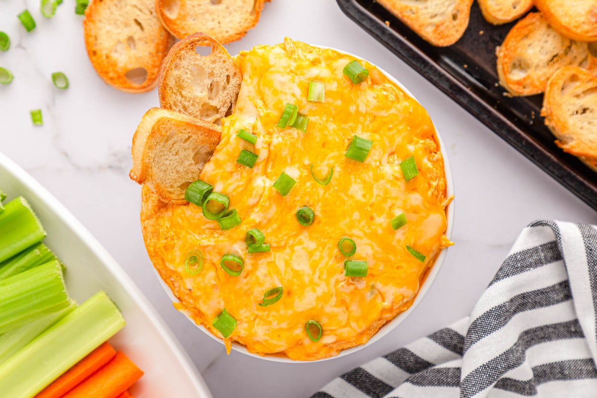 White bowl filled with Franks Red Hot Buffalo Chicken Dip