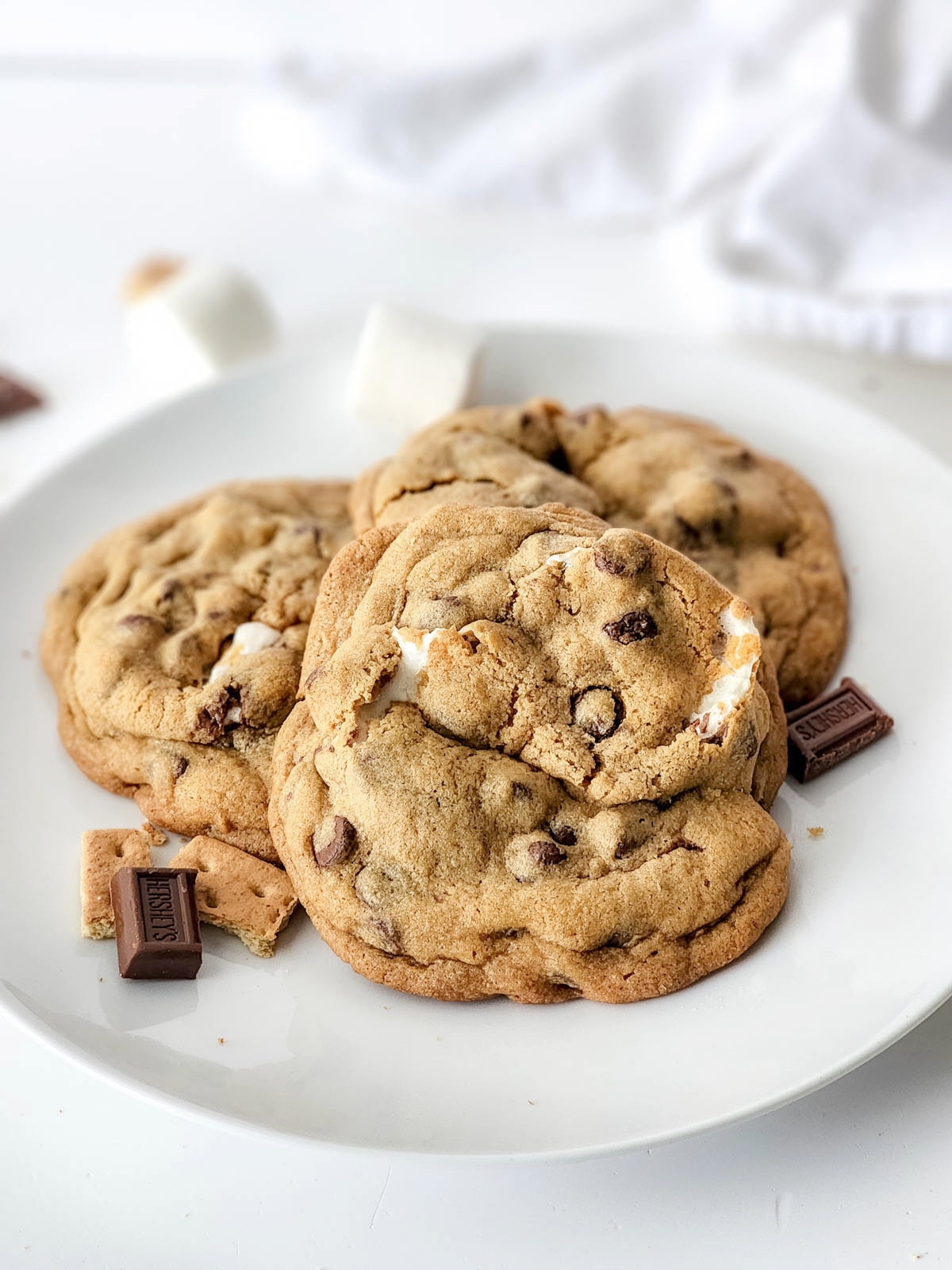 S'mores cookies on white plate with white napkin
