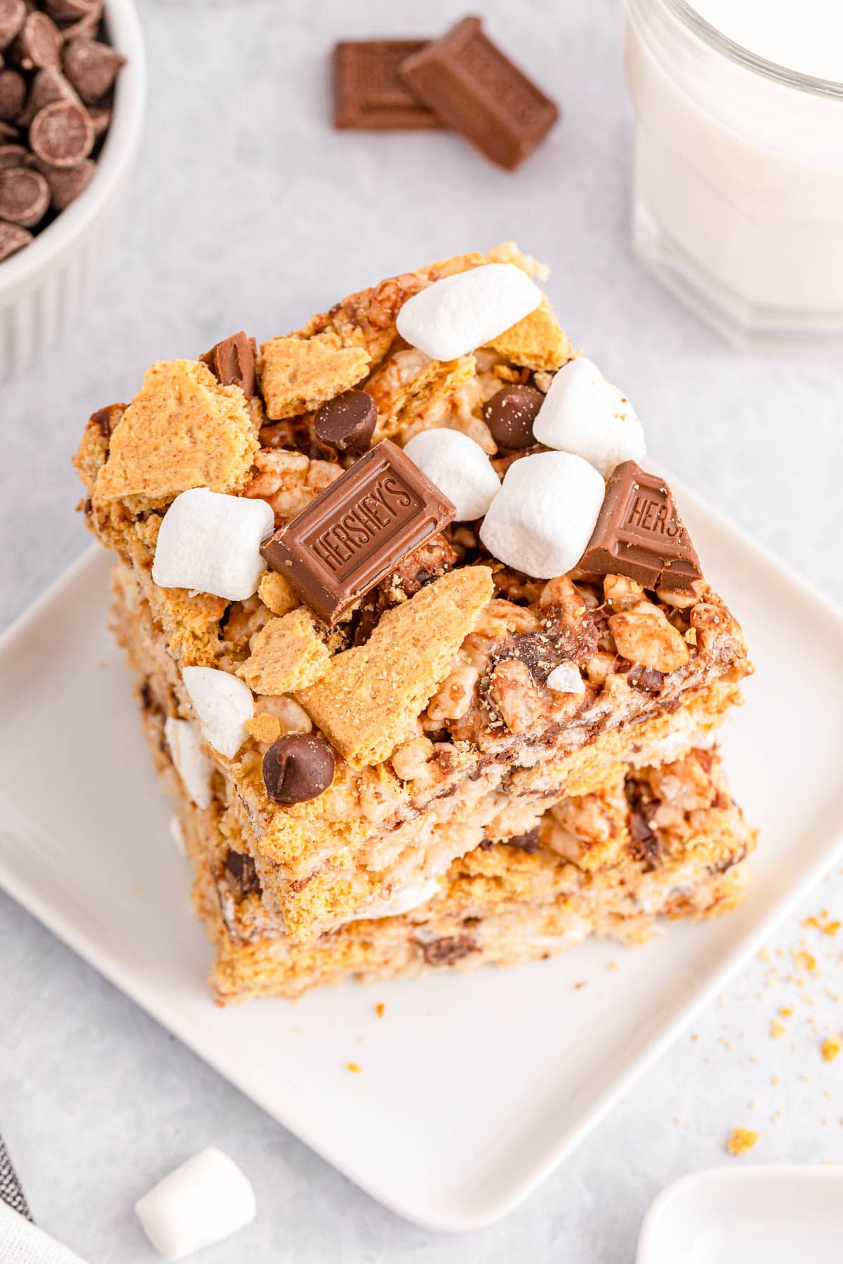 S'mores Rice Krispie Treats on white plate on white counter