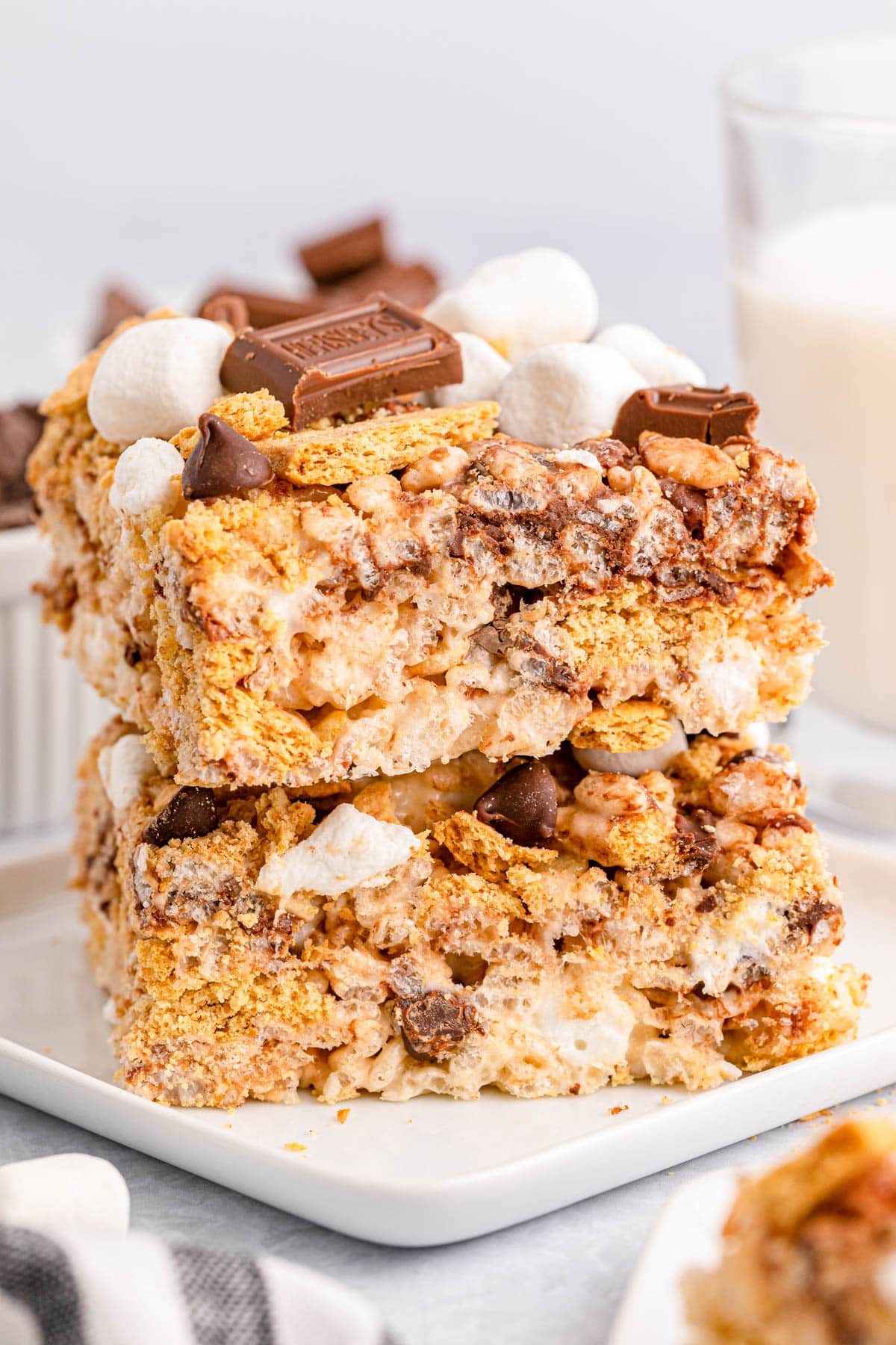 Two s'mores rice krispie treats stacked