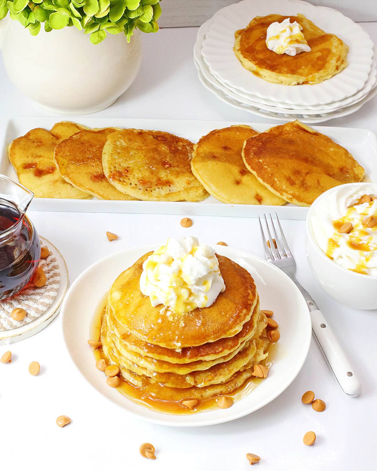 Butterbeer pancakes on white plate