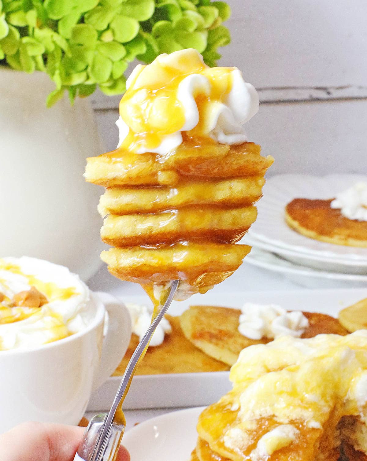 Butterbeer pancakes on a fork