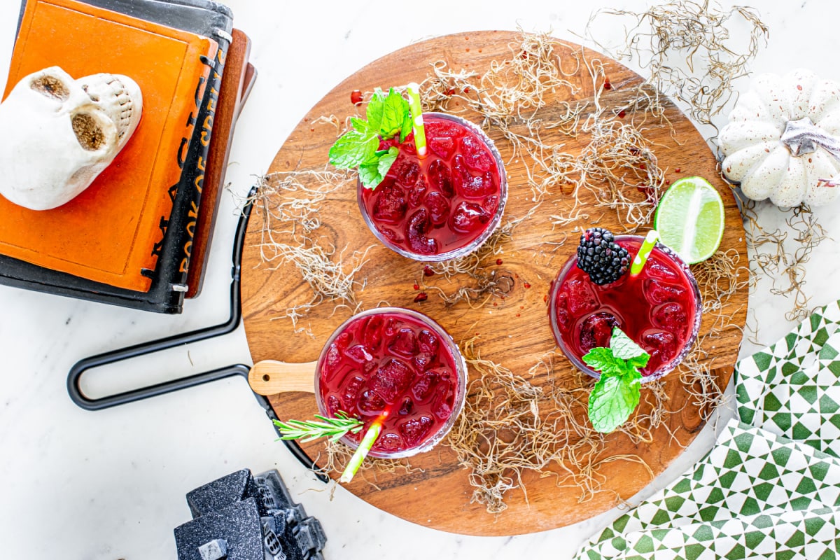 Halloween Margaritas on cutting board shot from above