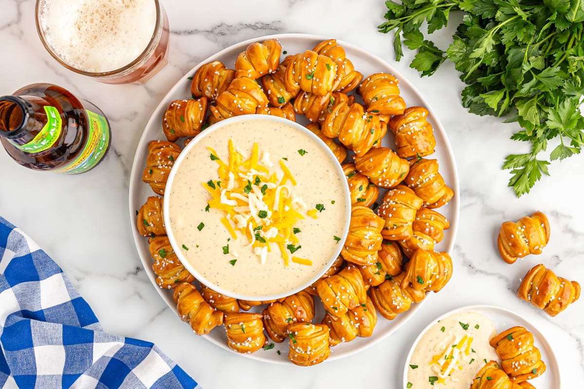 Beer cheese dip with bite size pretzels
