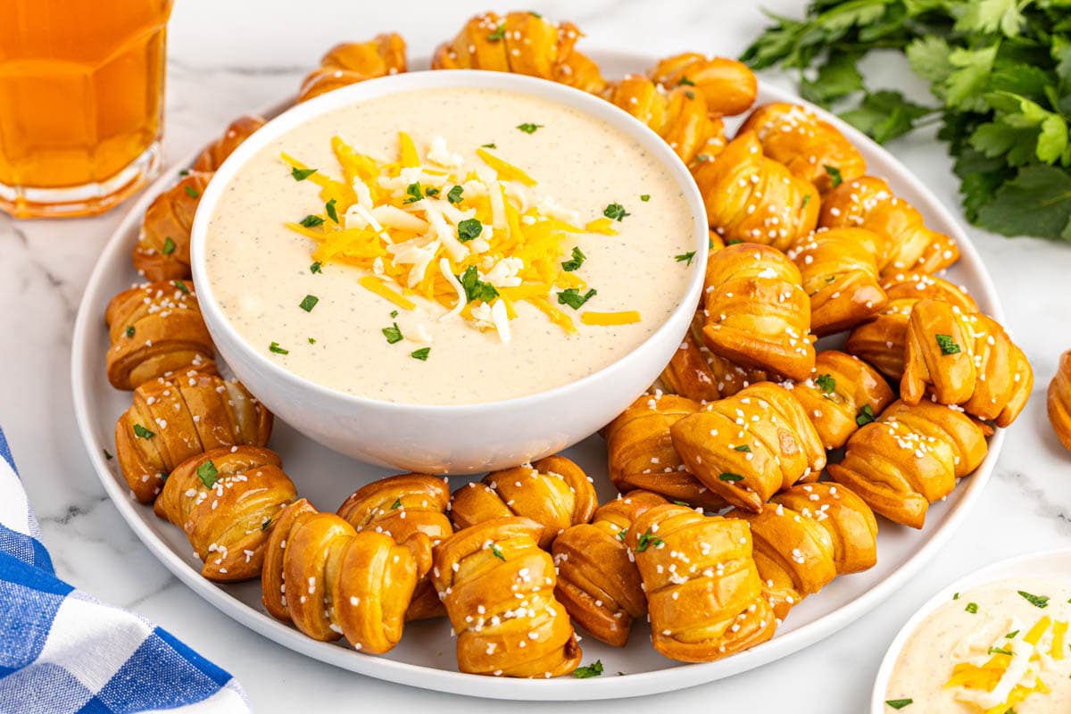 Beer cheese dip paired with mini pretzels