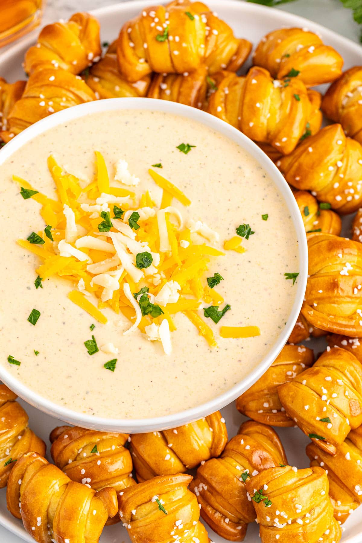 Beer cheese dip in white bowl surrounded by pretzels