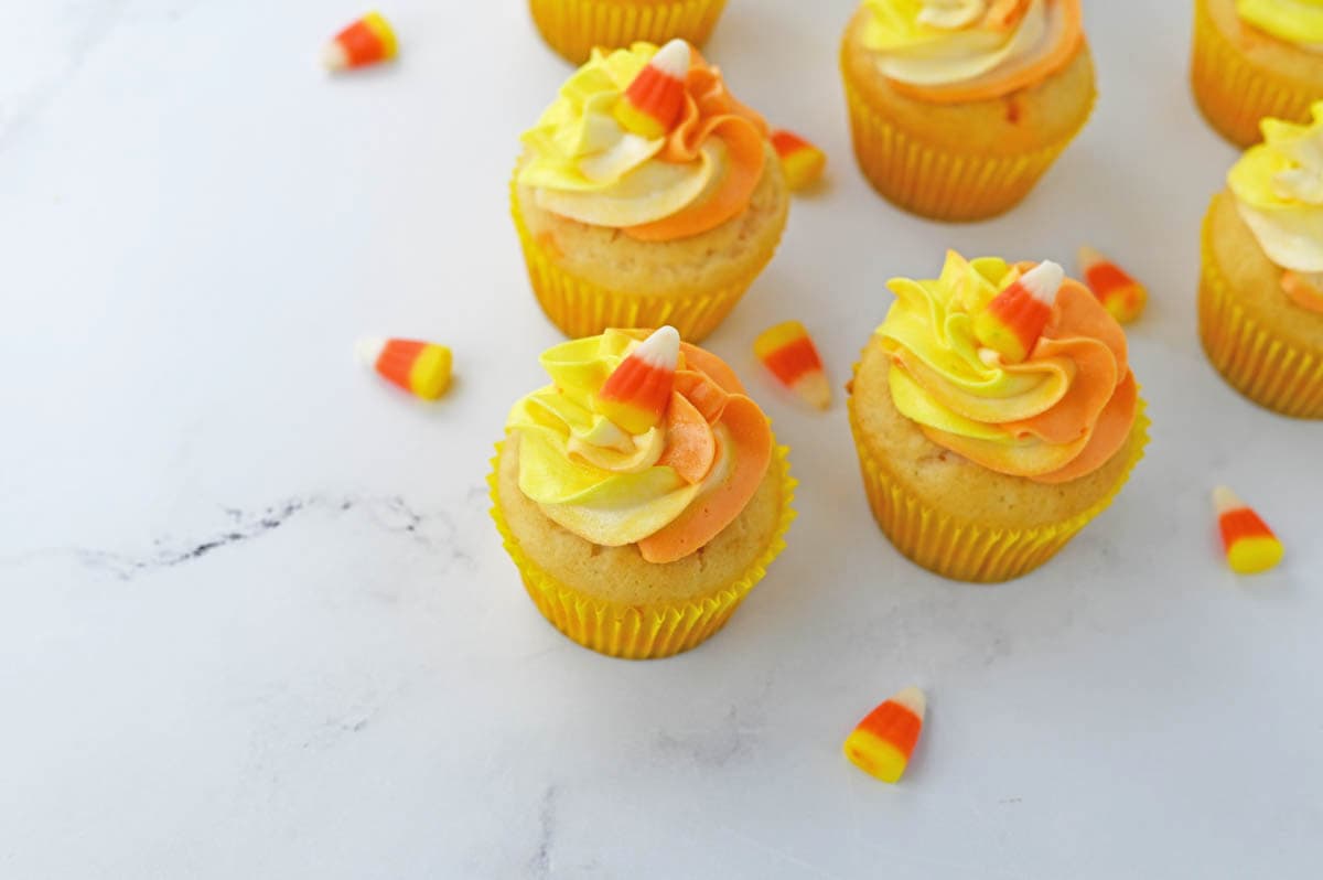 Candy corn cupcakes from above