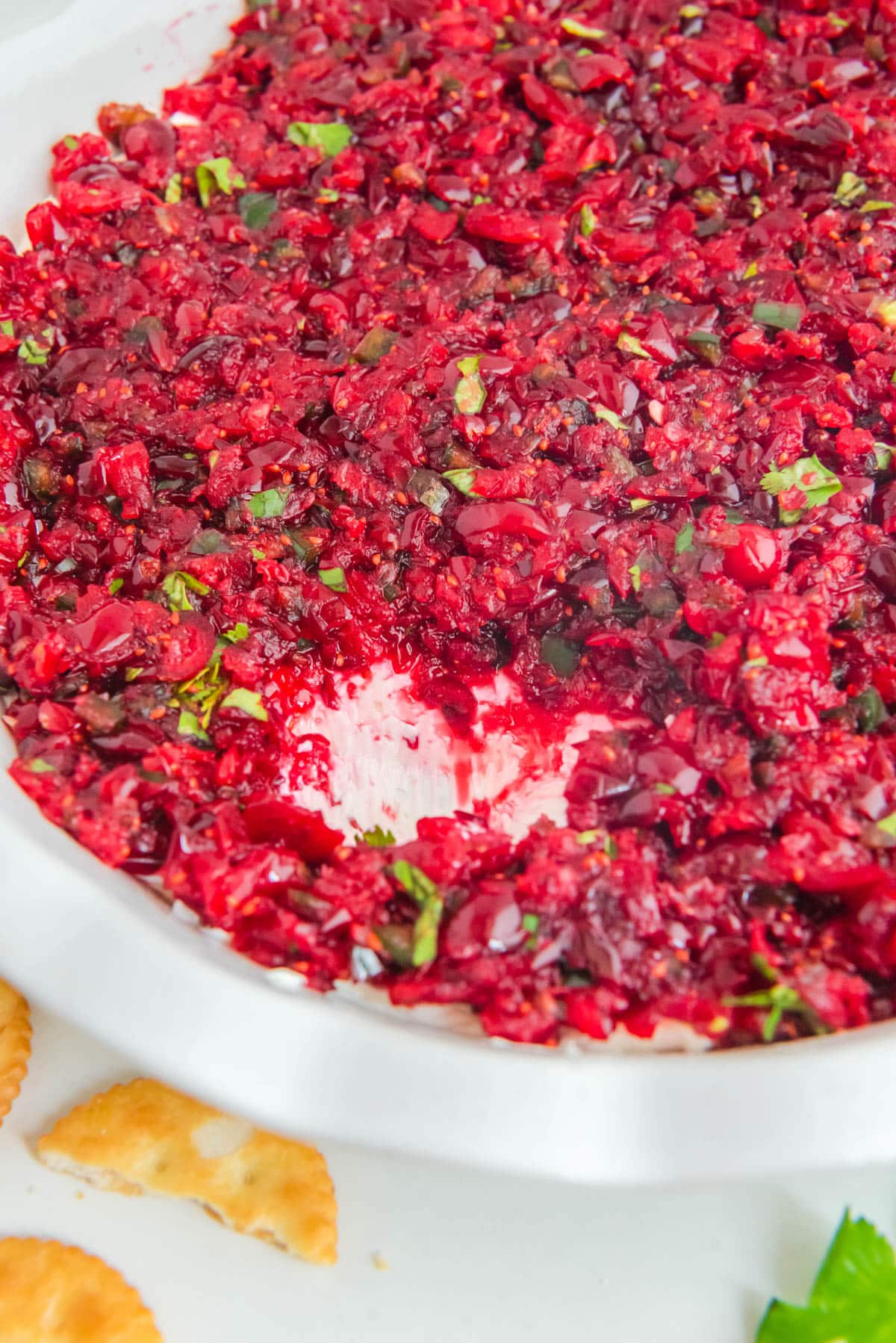 Cranberry Jalapeno Dip with cream cheese on bottom