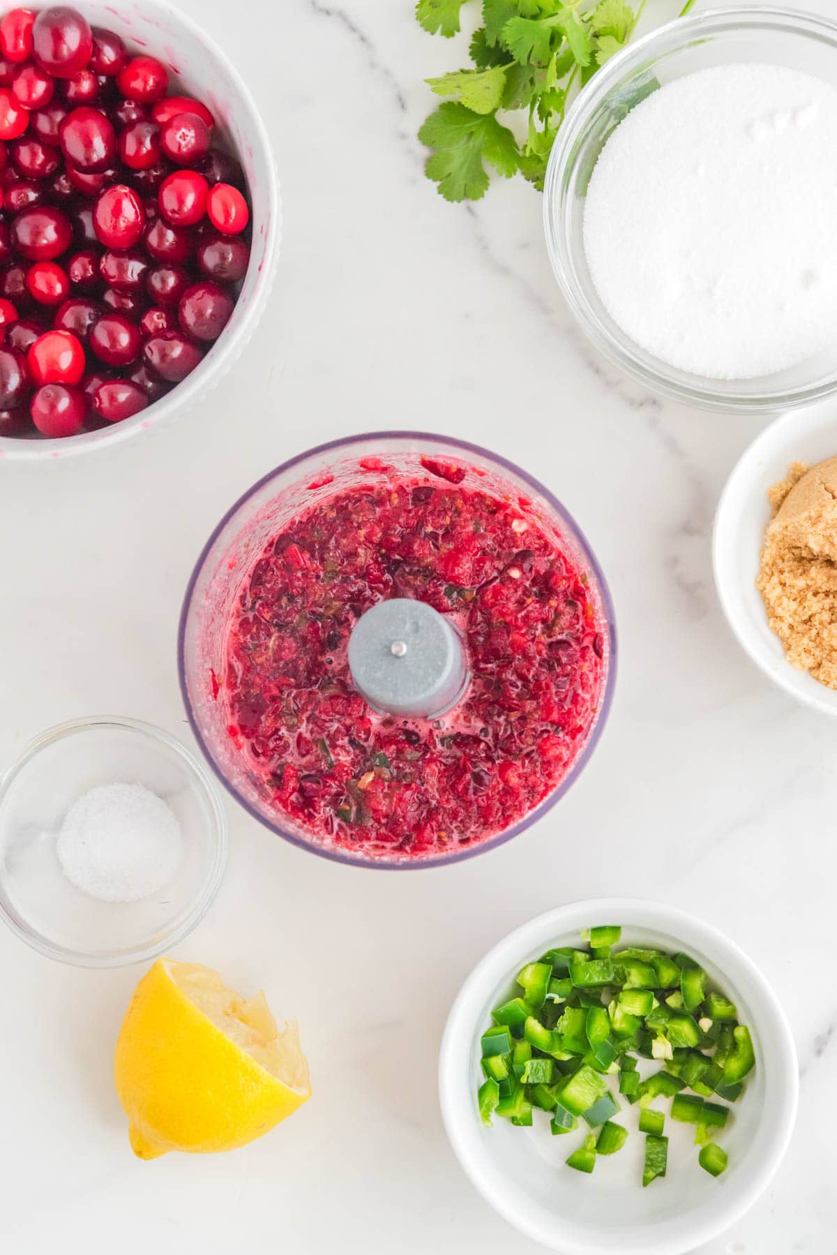 Ingredients for cranberry jalapeno dip in food processor