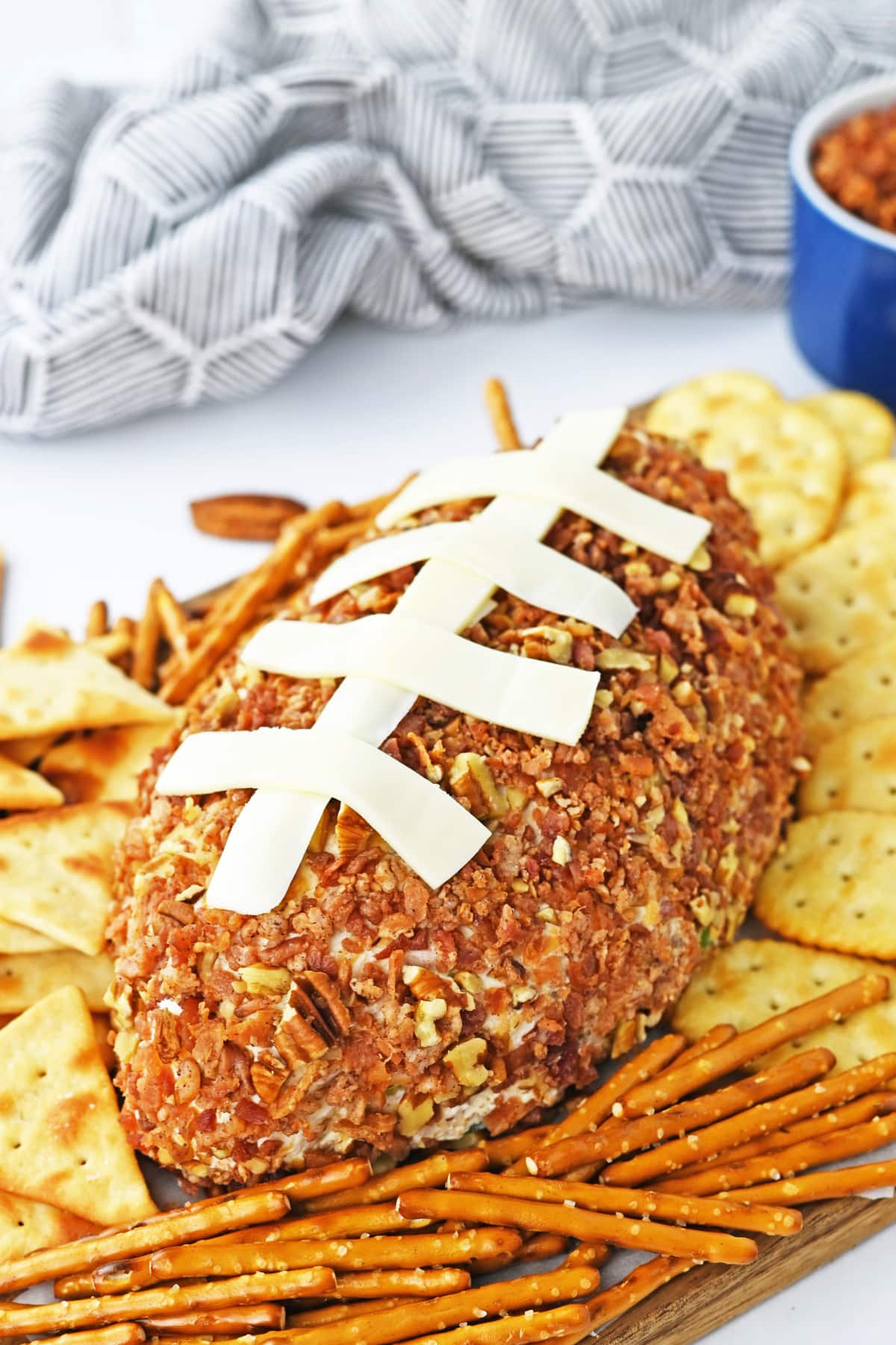 Football Cheese Ball on wooden board