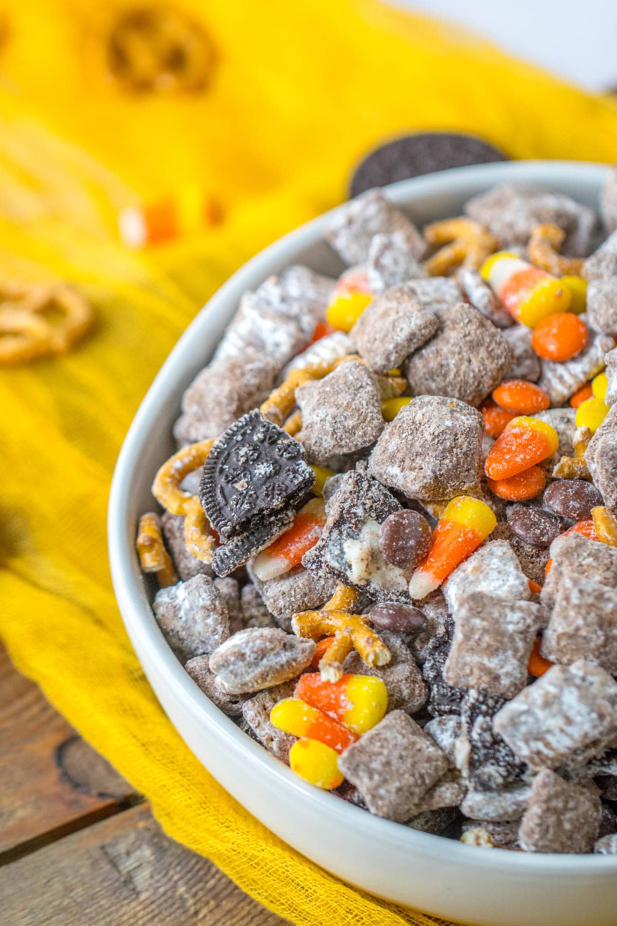 Halloween Puppy Chow in white bowl