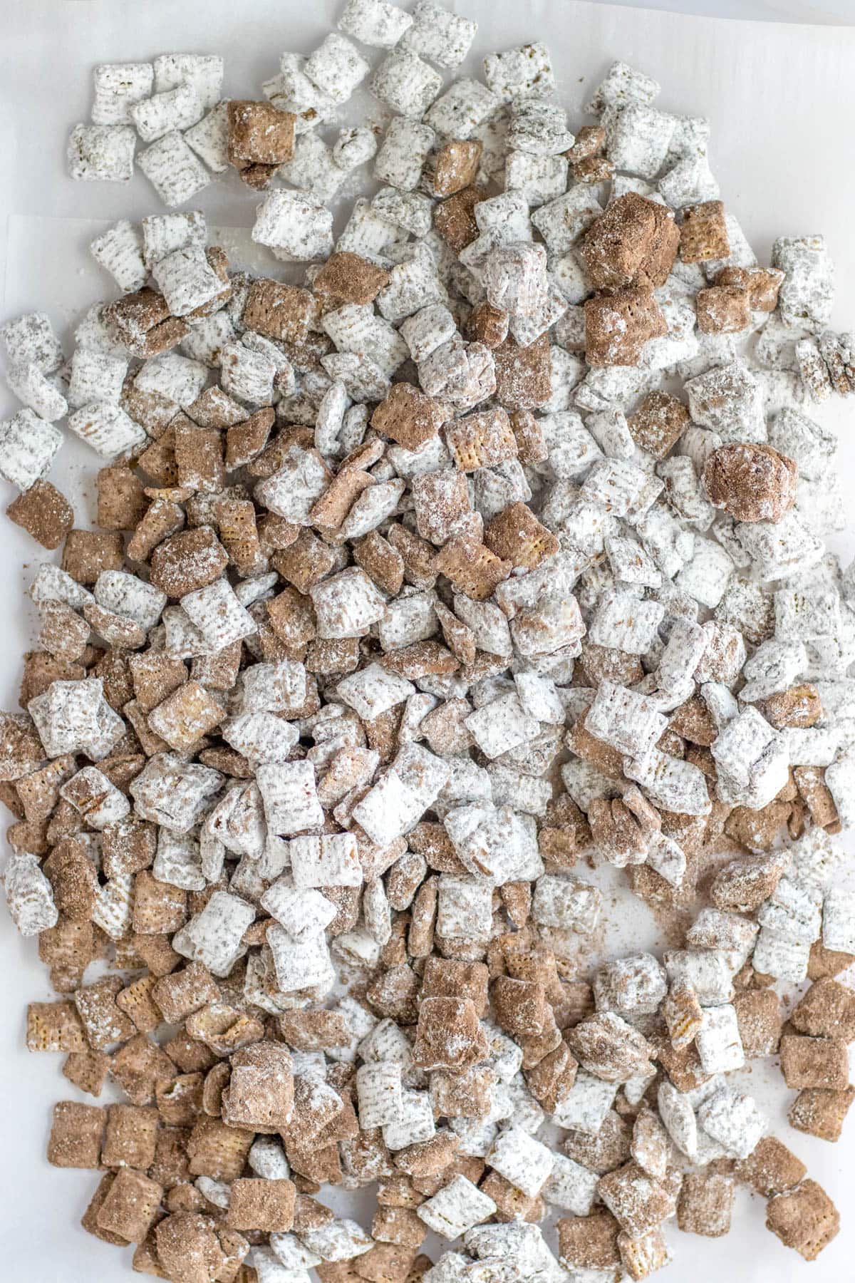Puppy chow mixture on counter