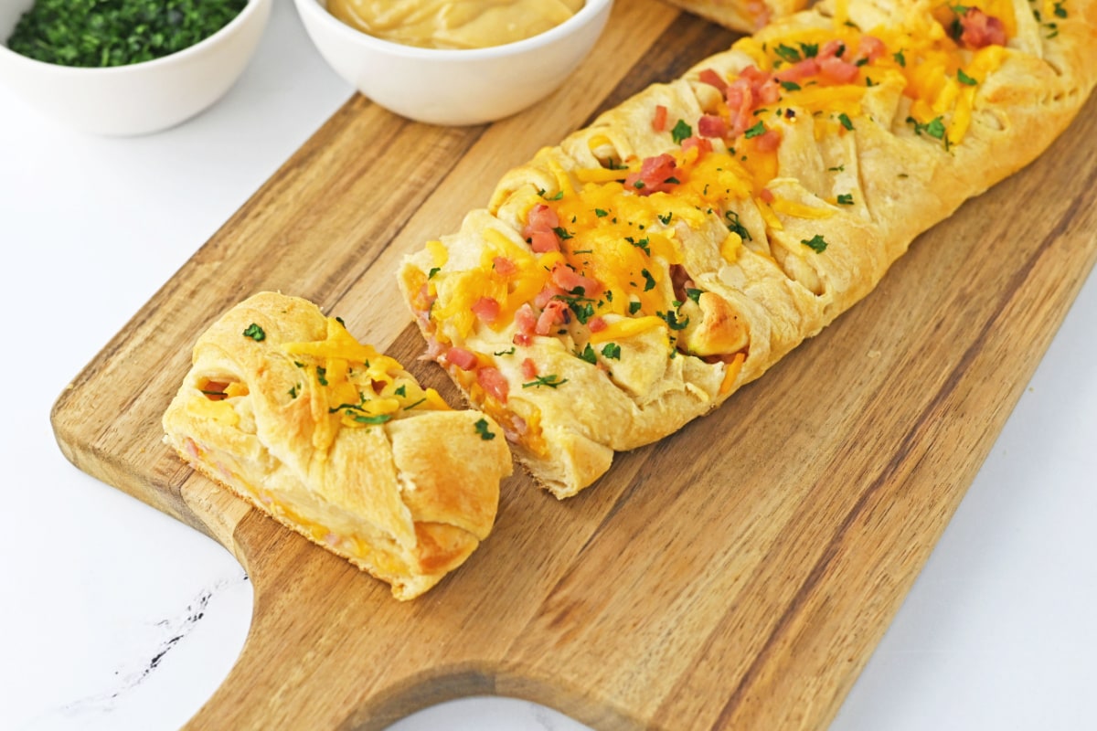 Ham and cheese crescent braid cut open